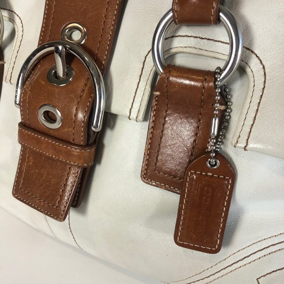 Coach Hampton Soho Leather White Tan Flap Satchel - Picture 2 of 8